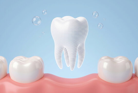 3D rendering of a wireframe molar tooth floating above gum gap between two healthy teeth on blue background, dental implant and tooth replacement concept