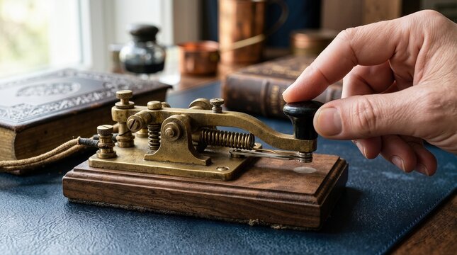 Hand operating vintage brass Morse code telegraph key. Person sending message with antique communication equipment on desk