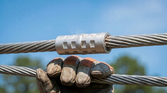 Close up of a power line splice connector on a thick aluminum cable. Lineman gloved hand holding electrical wire against a blue sky