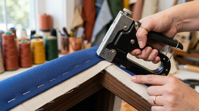 Hands using a staple gun to attach blue fabric to a wooden frame. Furniture upholstery and restoration project. DIY home improvement in a crafting workshop