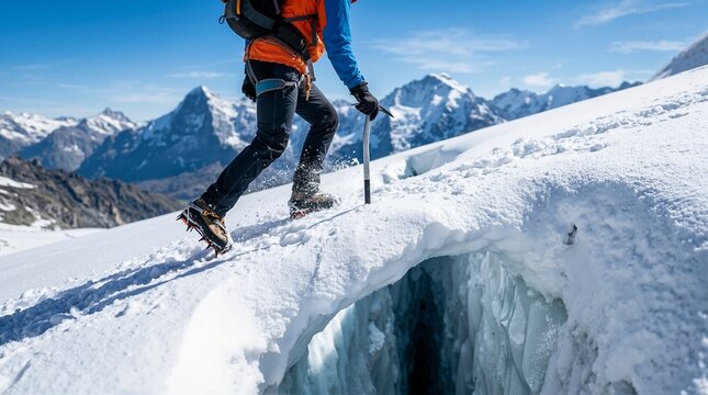 Mountaineer with crampons and ice axe carefully crossing a fragile snow bridge over a deep glacier crevasse. Extreme alpine climbing adventure