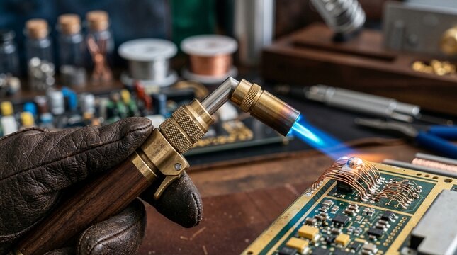Gloved hand holding a soldering torch with a blue flame over a circuit board. Complex electronic repair and engineering. Brass gas burner heating copper wires on a workbench