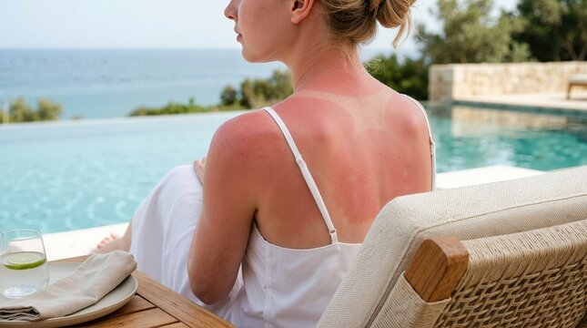 Woman with severe red sunburn on her back and shoulders sitting by a pool. Pale skin with visible tan lines from sun damage. Summer vacation skincare concept