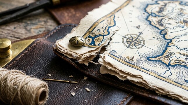 Close up of a torn vintage paper map on dark brown leather. Antique cartography with compass rose and brass stud. Exploration and travel concept