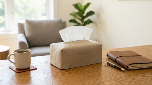 Beige tissue box on a wooden desk in a therapy room. White mug and leather journal in a counseling office setting. Mental health support concept