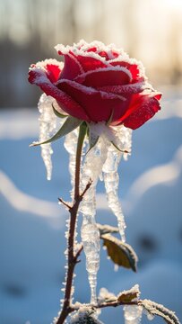 Frozen Red Rose with Ice Shards
