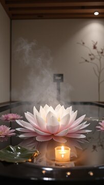 Pristine Lotus Flower in a Steam-Filled Japanese Onsen Bath