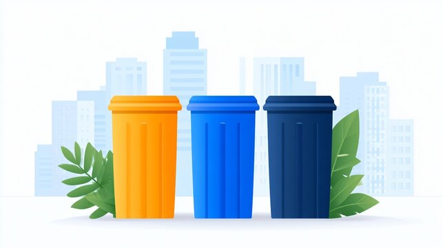 waste sorting and recycling system illustration, clear color coded bins, environmental education visual, flat vector style