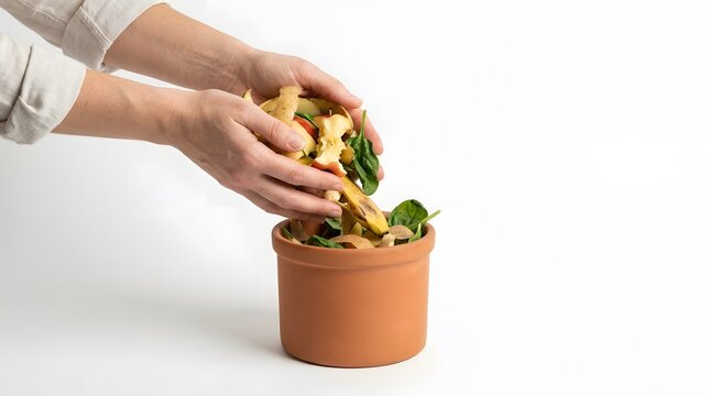 Person composting organic kitchen waste by putting vegetable scraps into a small terracotta pot for indoor recycling and sustainability