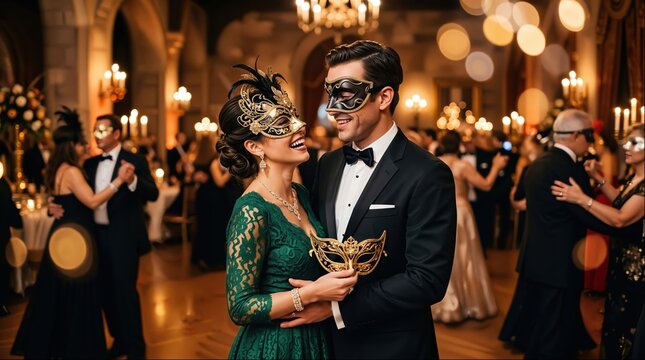Elegant Couple in Masquerade Masks Dancing at Grand Luxury Ball