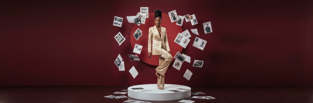 Fashionable woman in a beige suit posing on a pedestal with floating documents against a red background