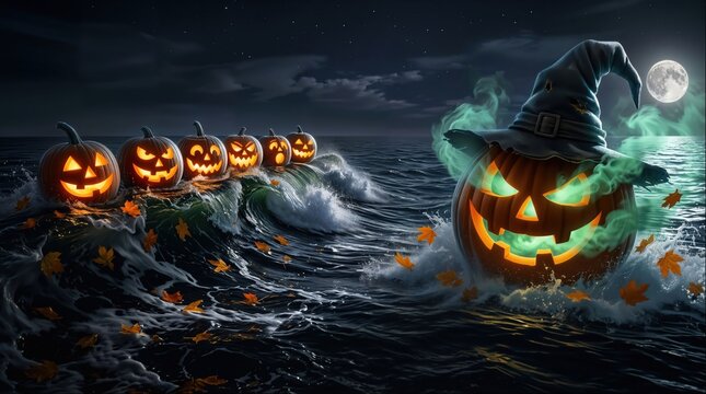 Spooky Halloween Jack-o'-Lanterns and Witch Pumpkin in a Sea of Waves at Night
