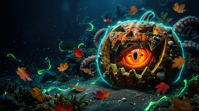 Mystical One-Eyed Pumpkin Jack-o'-Lantern with Tentacles in Dark Forest