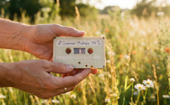 Nostalgic person holding a vintage cassette tape labeled Summer Mixtape 94 in a sunlit wildflower field