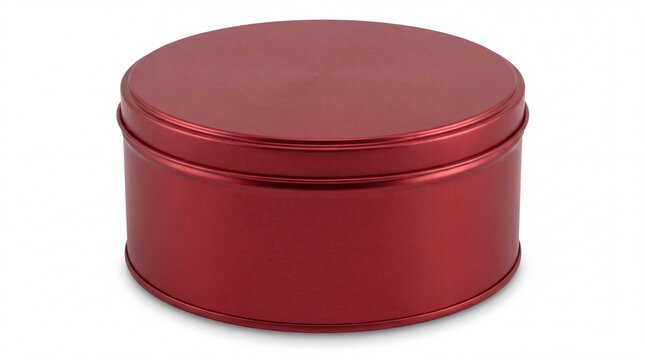 Red metallic tin box with lid, round aluminum container for gift packaging, matte crimson metal canister for cookies and storage isolated PNG with Transparent Background