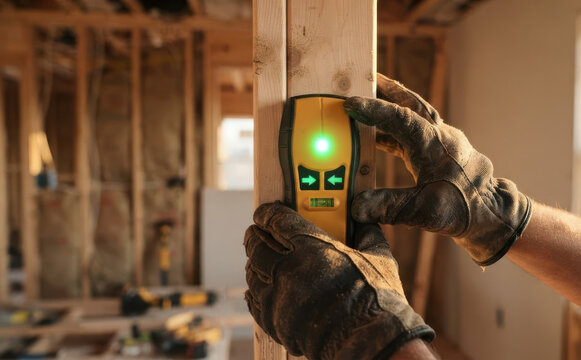 A male worker using an electronic stud finder on wooden framing in a house under construction