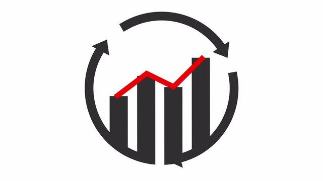 Financial bar chart with red growth trend line inside circular sync arrows cartoon animation for business performance icon and investment growth graph symbol isolated on an alpha channel.
