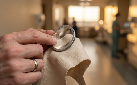 Ophthalmologist cleaning a specialized medical slit lamp lens with a soft cloth in a hospital setting