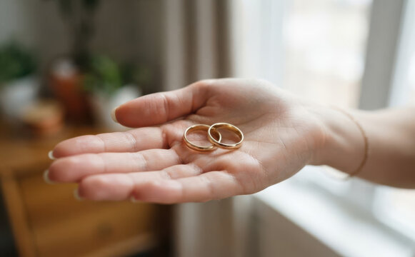 Woman holding two gold wedding bands in her open hand representing marriage proposal, commitment and love