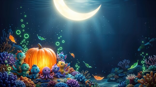Undersea Halloween Background with Glowing Pumpkin and Sea Creatures Under Crescent Moon