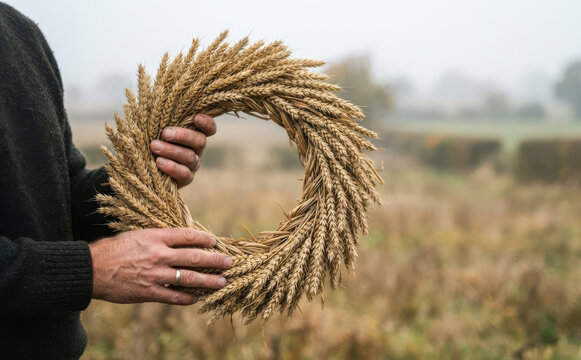 A mature caucasian man holding a handmade wheat wreath in a countryside field, representing harvest, autumn, and rural traditions.