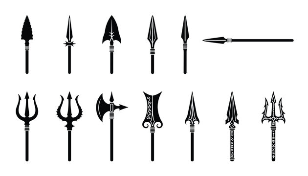 Set of black silhouette weapon icons featuring various spearheads, tridents, and antique polearms on a plain white background.