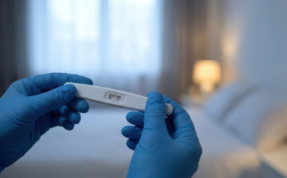 Medical professional wearing protective blue gloves holding a pregnancy test kit in a bright room
