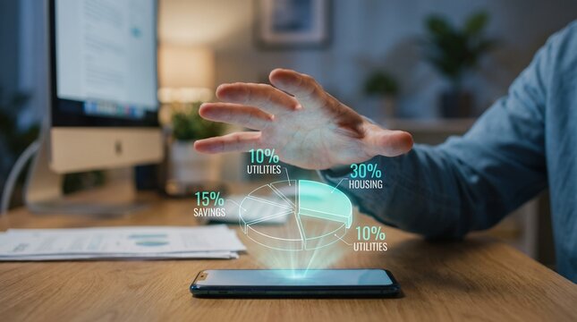 Hand interacting with holographic pie chart displaying financial data