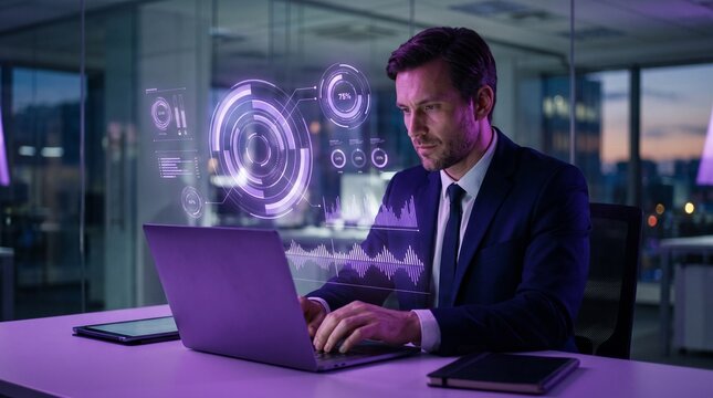 Businessman working on laptop with holographic data visualization display