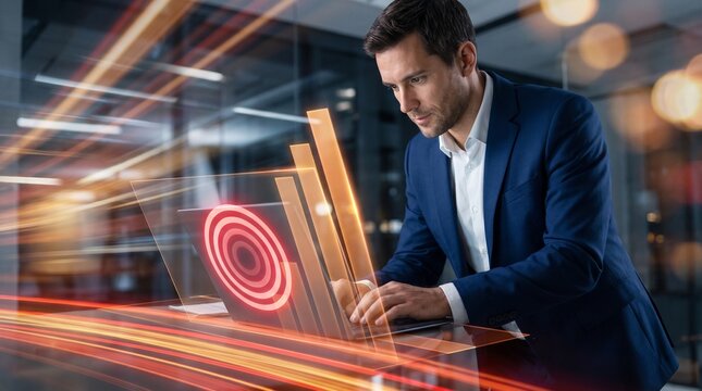 Man operating a laptop with projected data visualization graphics