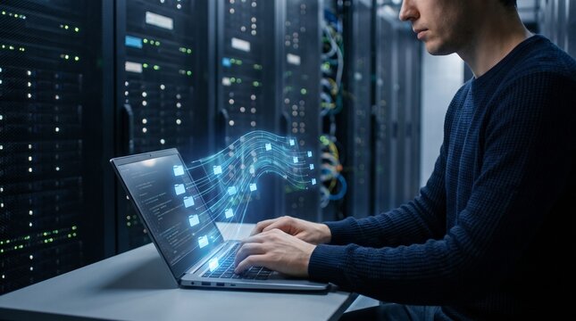 Man using laptop with data stream projection in server room