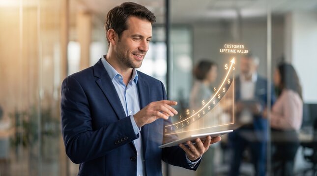 Business analyzes customer lifetime value graph on a digital tablet