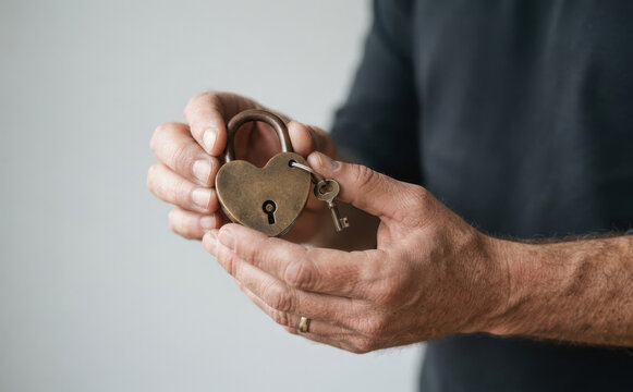 Middle aged Caucasian man holding a heart shaped padlock with key representing love and commitment