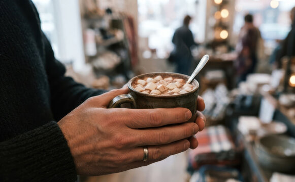 Man holding a warm ceramic mug of hot chocolate with mini marshmallows inside a cozy shop