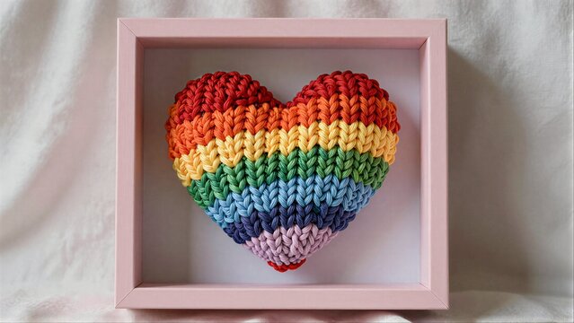 Rainbow knitted heart in pink frame, soft fabric background.