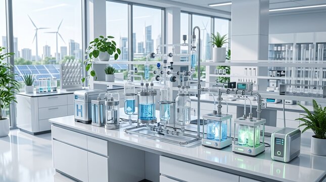 Green hydrogen energy laboratory with electrolysis equipment, sustainable fuel research facility, clean technology lab with wind turbines and solar panels