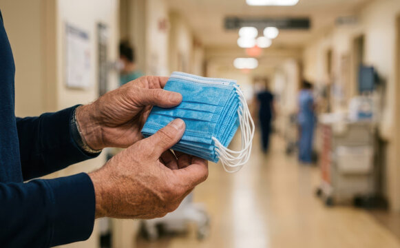 Elderly male patient holding a stack of surgical face masks in a hospital hallway