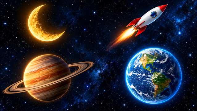 Deep space background with glowing planets rocket spaceship crescent moon and stars