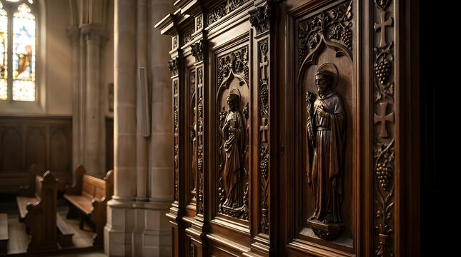 Carved Wood Confessional Booth Detail in Empty Church