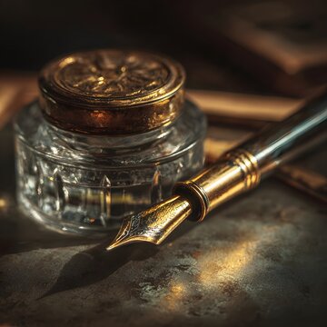 Brass Inkwell Macro Antique Vintage Writing Tool as background