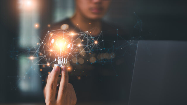 A technology strategist develops digital innovation through creative ideas, connected technology, problem solving, strategic thinking, collaboration, transformation, and future growth.