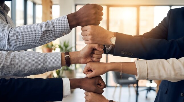 Diverse Group of Business Professionals Joining Fists in Unity to Symbolize Tolerance, Teamwork, and Inclusive Corporate Cooperation in Office