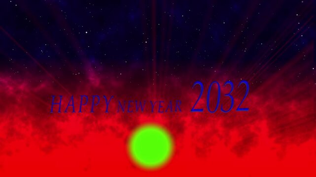 Happy new year 2032 celebration background, with glowing green, sun and cosmic, red nebula space atmosphere