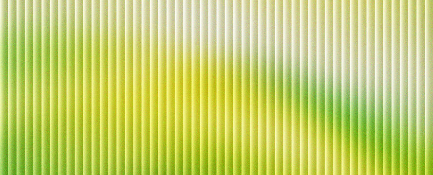 Abstract green and yellow corrugated metal texture background. Industrial ribbed steel surface with vertical lines and soft color gradient. Modern metallic wall panel for architectural design.