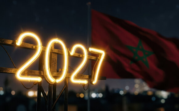 Neon sign with the year 2027 and the national flag of Morocco in the background at night for New Year celebrations