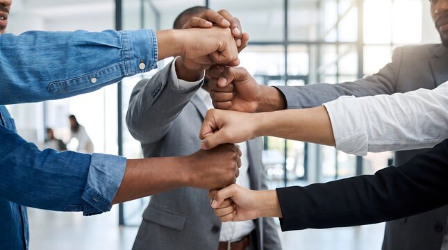 Diverse business team members joining hands in a fist bump to symbolize professional tolerance, unity, and collaborative strength in the workplace