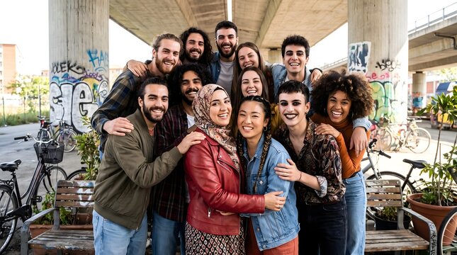 A diverse group of young adults embrace each other in a display of unity, friendship, and Tolerance, fostering a sense of belonging and shared experience