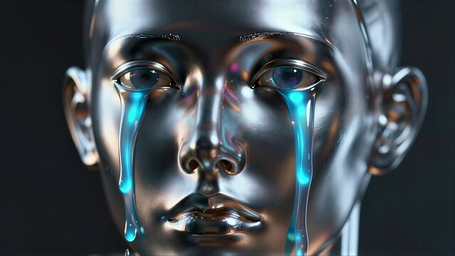 Metallic face weeps blue tears, reflecting emotion in a futuristic sculpture.