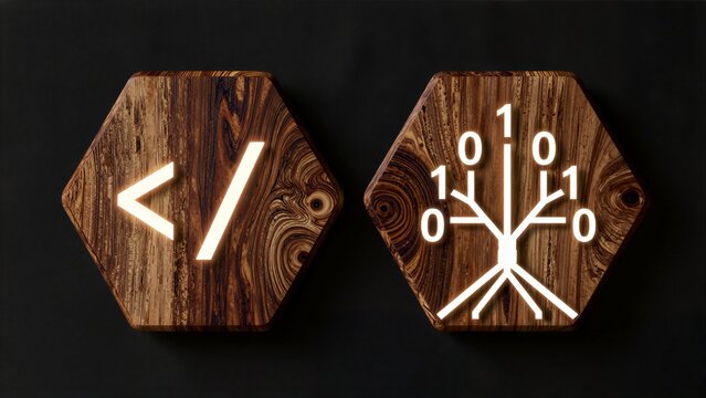 Wooden hexagons display code and binary tree, symbolizing digital logic on natural surfaces.