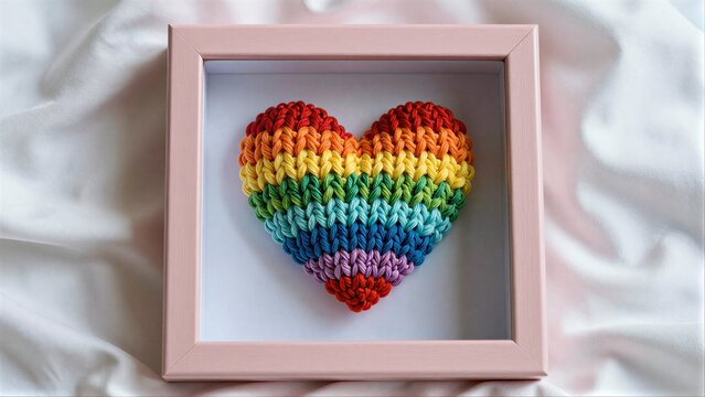 Rainbow crocheted heart in pink frame on soft white fabric background.